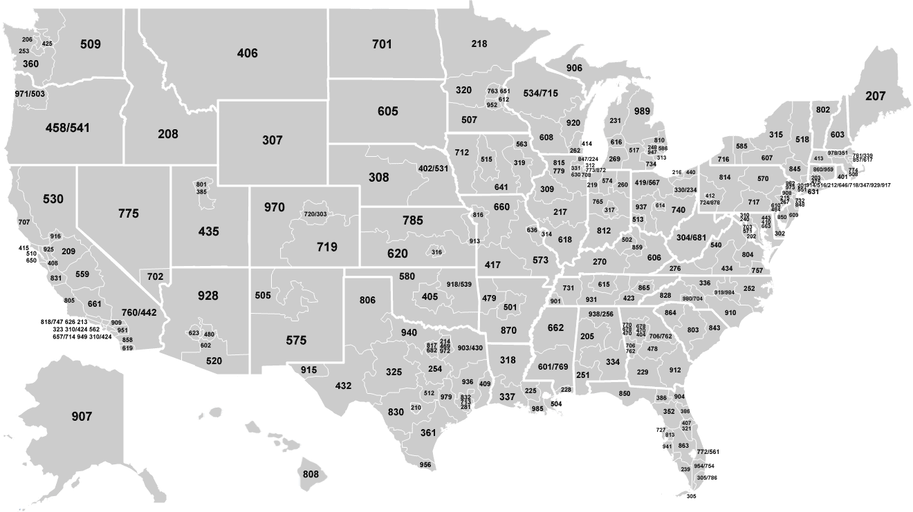 The area code map of the entire U.S.A.